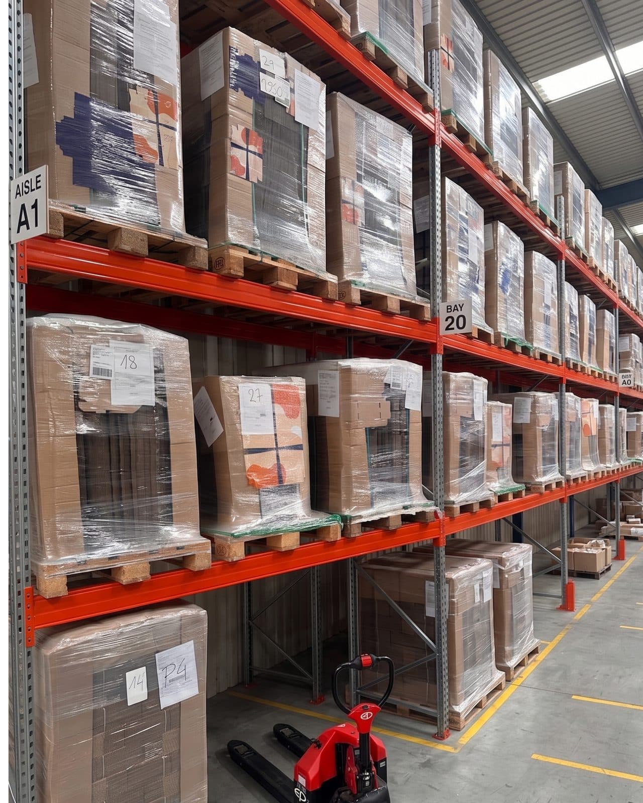 Regały paletowe w magazynie PADPACK z wózkiem paletowym